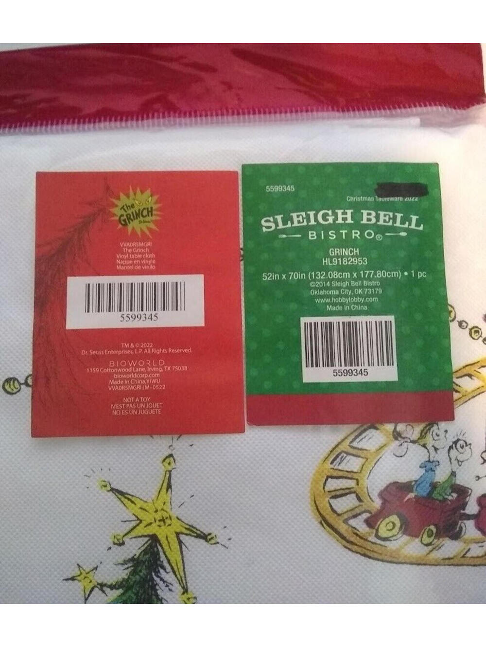 Sleigh Bell Bistro Dr Seuss Whoville Grinch Vinyl Tablecloth Rectangle 52”x70" - Picture 2 of 3